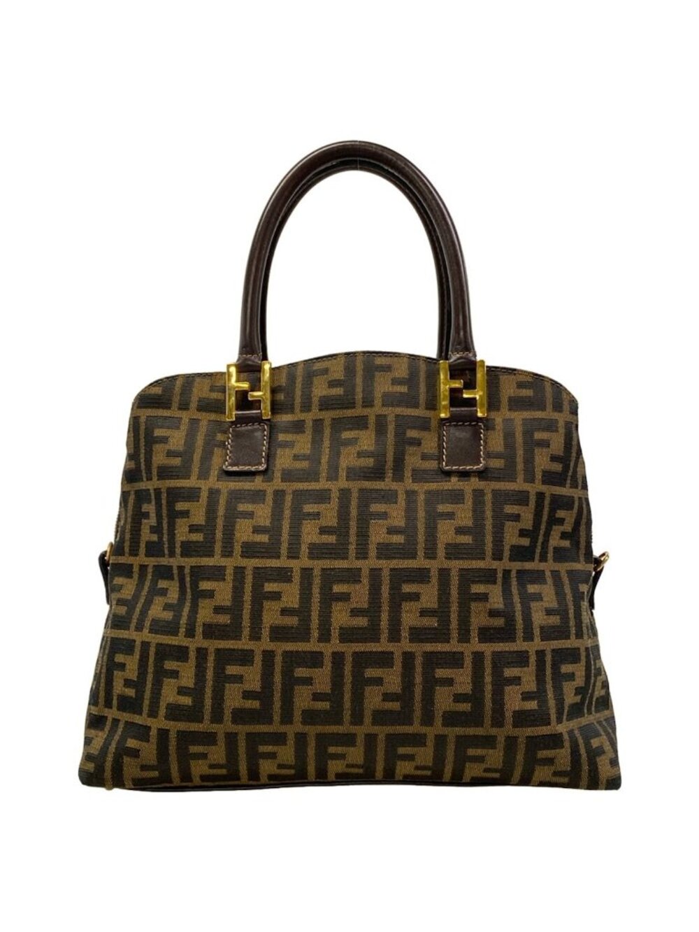 Fendi Handbag Zucca Beige Dark Brown Gold Leather